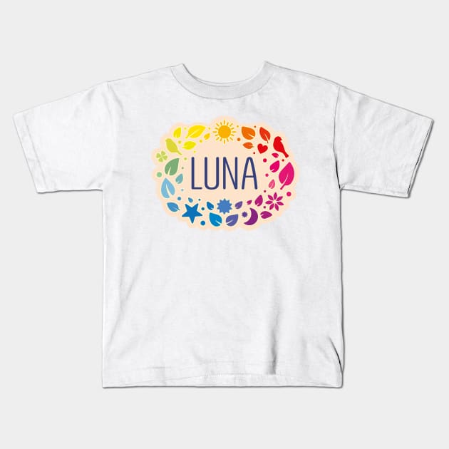 Luna name with colorful leaves Kids T-Shirt by WildMeART